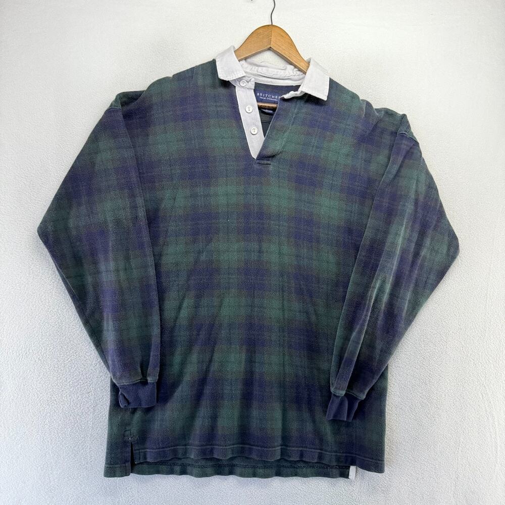 Vintage Britches Rugby Shirt men's large Blue Green Tartan Plaid Sweatshirt 90s